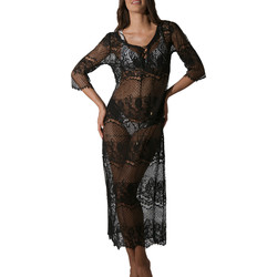 Kleidung Damen Pareo Luna Langes Strandkleid mit transparenter Spitze Malibu schwarz Perlschwarz