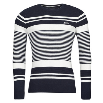 Kleidung Herren Pullover Guess LONDON EMBOSSED STRIPED CN Marine / Weiss