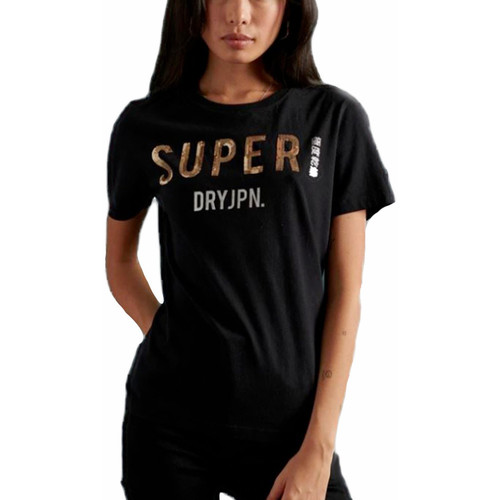 Kleidung Damen T-Shirts Superdry Jpn Sequin black Schwarz
