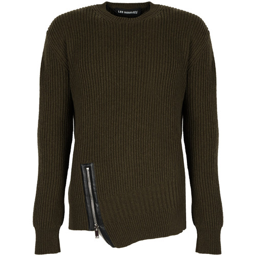 Kleidung Herren Pullover Les Hommes LJK106-656U | Round Neck Sweater with Asymetric Zip Grün
