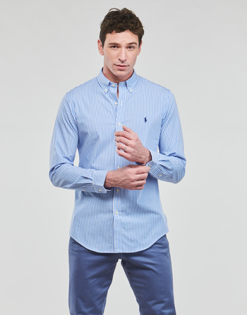 Kleidung Herren Langärmelige Hemden Polo Ralph Lauren CHEMISE AJUSTEE SLIM FIT EN POPELINE RAYE Blau / Weiss