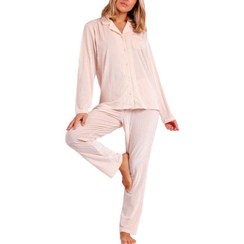 Kleidung Damen Pyjamas/ Nachthemden Admas Samt Pyjama Outfit Hose Hemd Elegant Stripes Rosa