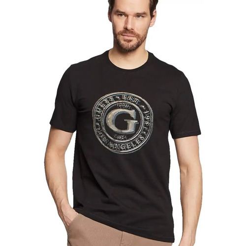 Kleidung Herren T-Shirts Guess Round logo Schwarz