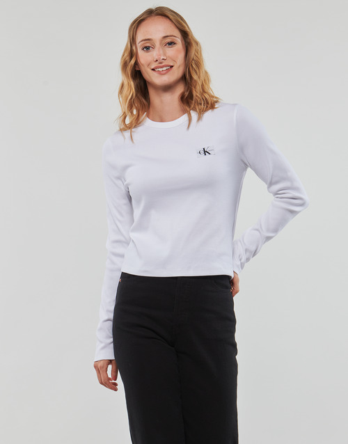 Calvin Klein Jeans WOVEN LABEL RIB LONG SLEEVE Weiss - Kostenloser Versand  | Spartoo.de ! - Kleidung Langarmshirts Damen 34,93 €