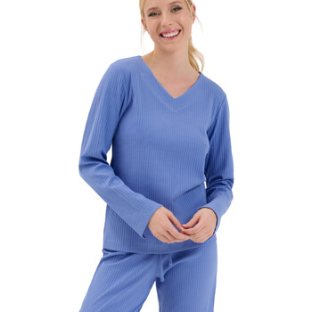 Kleidung Damen Pyjamas/ Nachthemden Lisca Top Pyjama V-Ausschnitt Langarm Lucky  Cheek Blau
