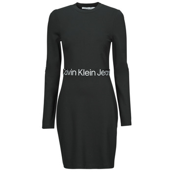 Kleidung Damen Kurze Kleider Calvin Klein Jeans LOGO ELASTIC MILANO LS DRESS Schwarz