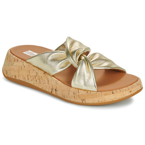 Schuhe Damen Pantoffel FitFlop F-Mode Leather-Twist Flatform Slides (Cork Wrap) Gold