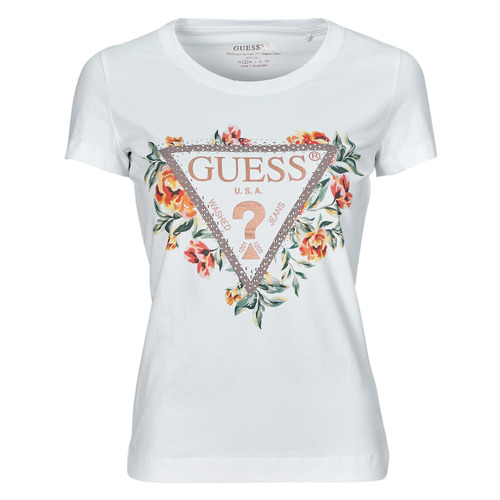 Kleidung Damen T-Shirts Guess TRIANGLE FLOWERS Weiss