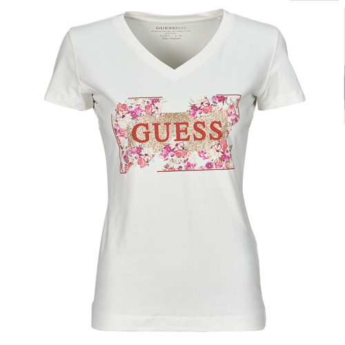 Kleidung Damen T-Shirts Guess LOGO FLOWERS Weiss