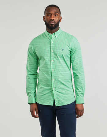 Kleidung Herren Langärmelige Hemden Polo Ralph Lauren CHEMISE AJUSTEE SLIM FIT EN POPELINE RAYE Grün / Weiss / -summer / Smaragd