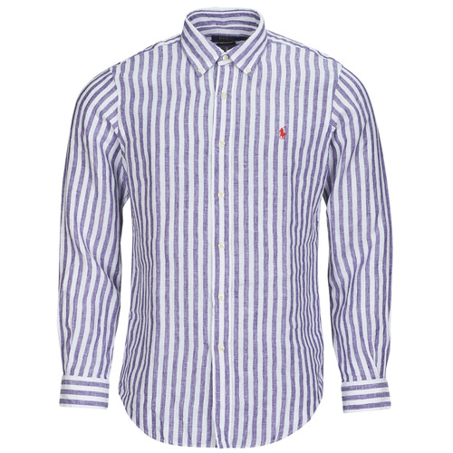 Kleidung Herren Langärmelige Hemden Polo Ralph Lauren CHEMISE COUPE DROITE EN LIN Marine / Weiss