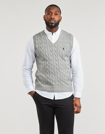 Kleidung Herren Pullover Polo Ralph Lauren PULL COTON CABLE COL V SANS MANCHE Grau / Beige / Grau 