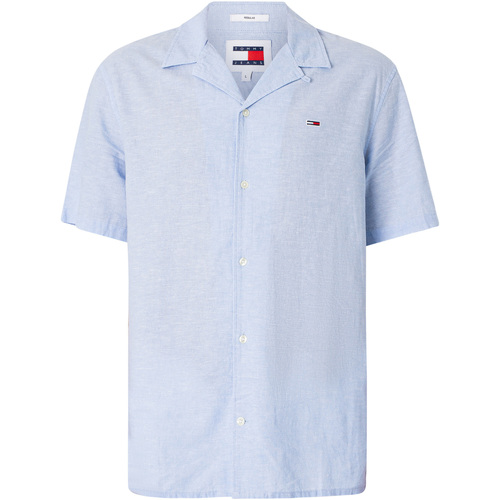 Kleidung Herren Kurzärmelige Hemden Tommy Jeans Camp-Kurzarmhemd aus Leinenmischung Blau