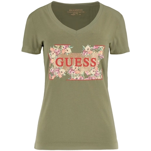 Kleidung Damen T-Shirts Guess Fleurs Kaki