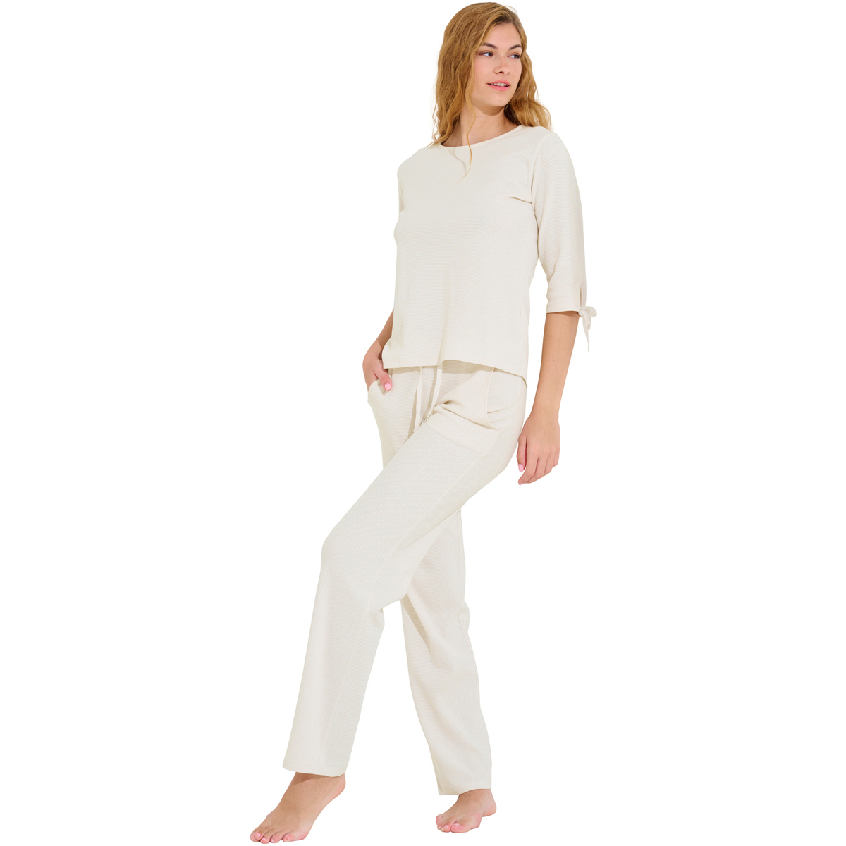 Kleidung Damen Pyjamas/ Nachthemden Lisca Pyjama Hose Top Dreiviertel-Ärmel FREELY  Cheek Weiss