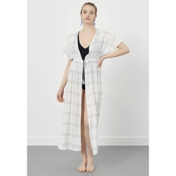 Kleidung Damen Strickjacken Just Like You Karierter langer Kimono mit Gürtel und kurzen Ärmeln Weiss