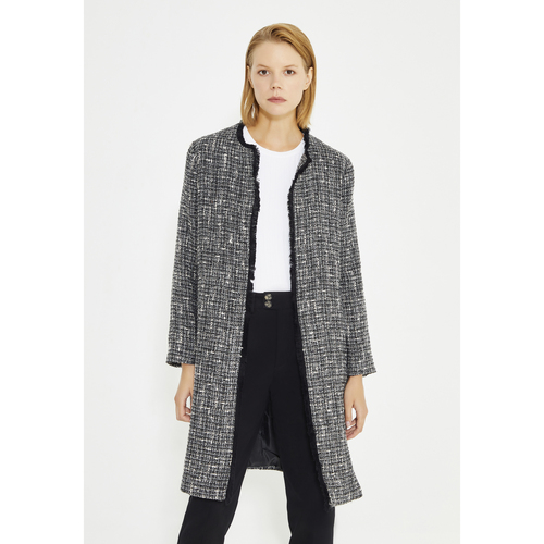 Kleidung Damen Jacken Just Like You Lange Damenjacke aus schwarzem Tweed mit Rundhalsausschnitt Schwarz