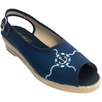 Schuhe Damen Hausschuhe Made In Spain 1940 Offene Pantoffel Frau mit Streifen hinte Blau